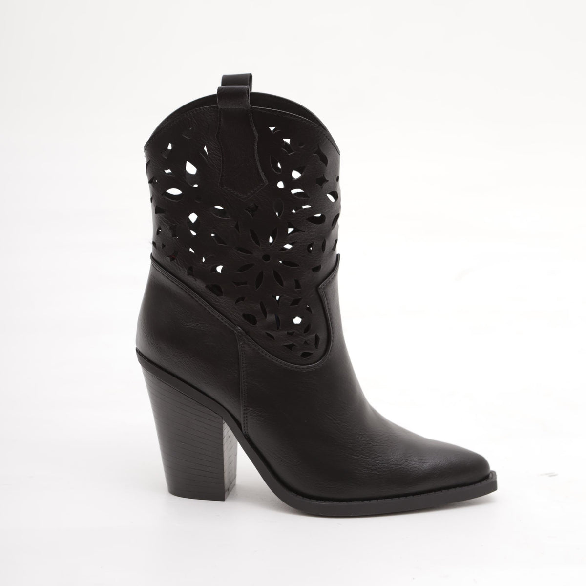 STIVALETTO TEXANO TRAFORATO NERO<BR/> 