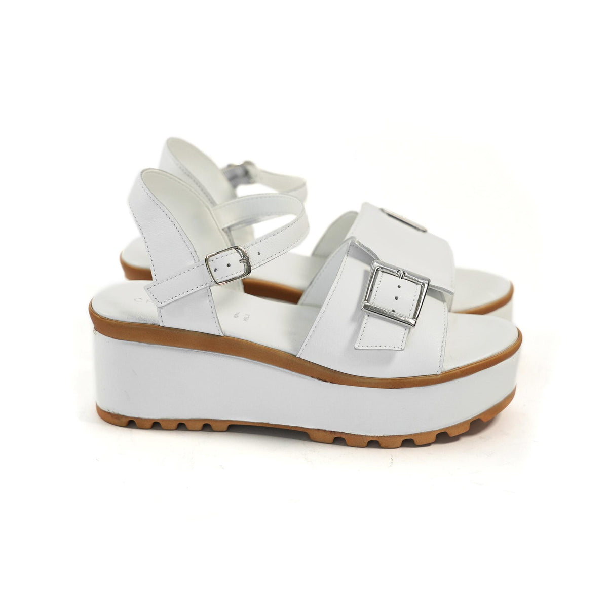 SANDALO FIBBIA VERA PELLE BIANCO<BR/> 