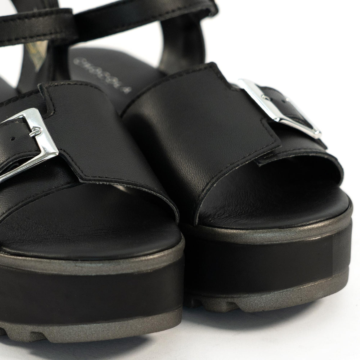 SANDALO FIBBIA VERA PELLE NERO<BR/> 