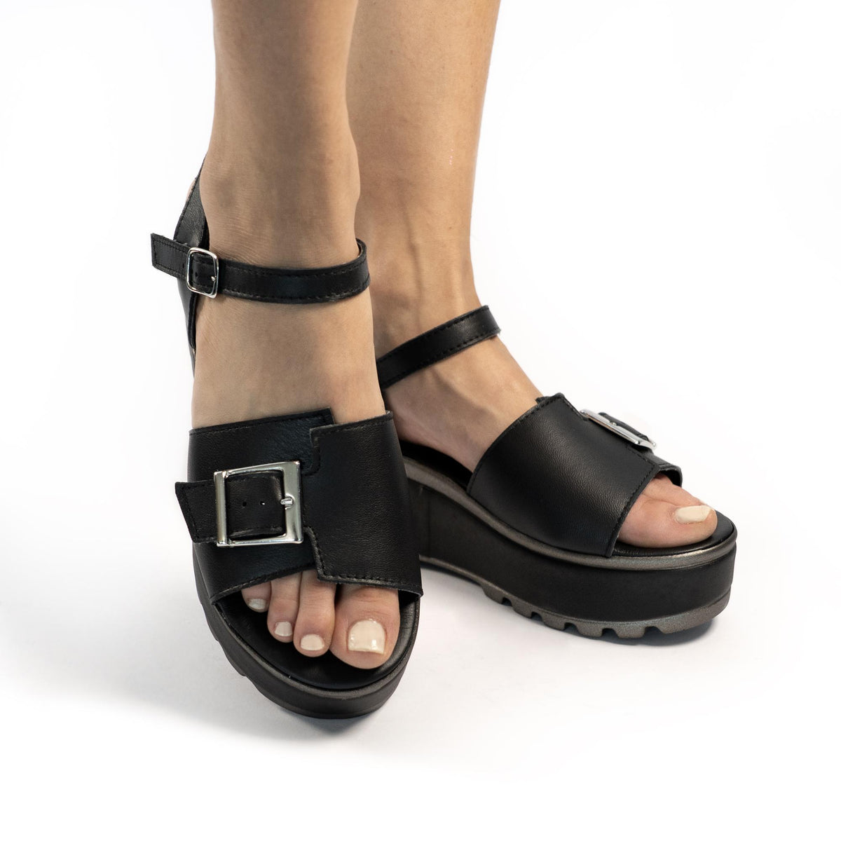 SANDALO FIBBIA VERA PELLE NERO<BR/> 