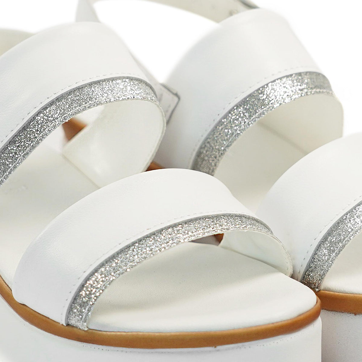 SANDALO DOPPIA FASCIA VERA PELLE SILVER BIANCO<BR/> 