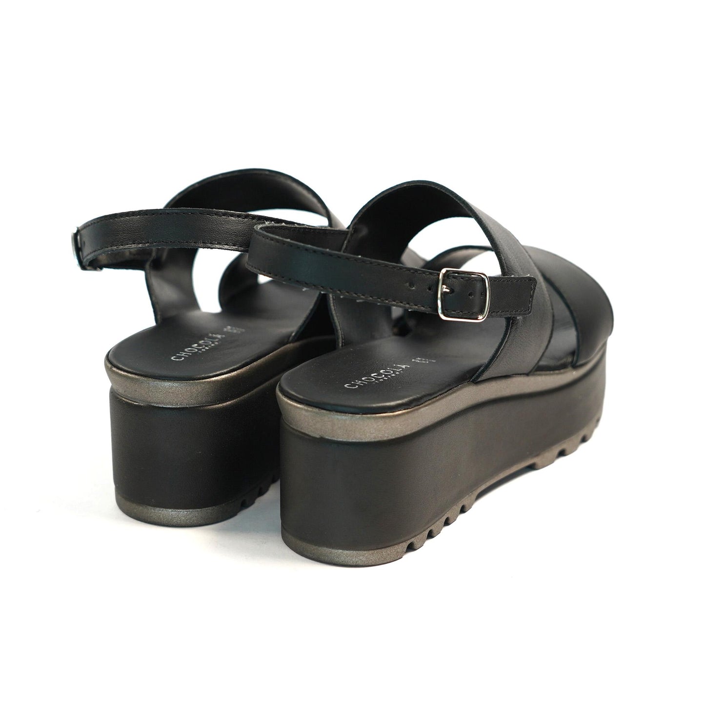 SANDALO DOPPIA FASCIA VERA PELLE NERO<BR/> 
