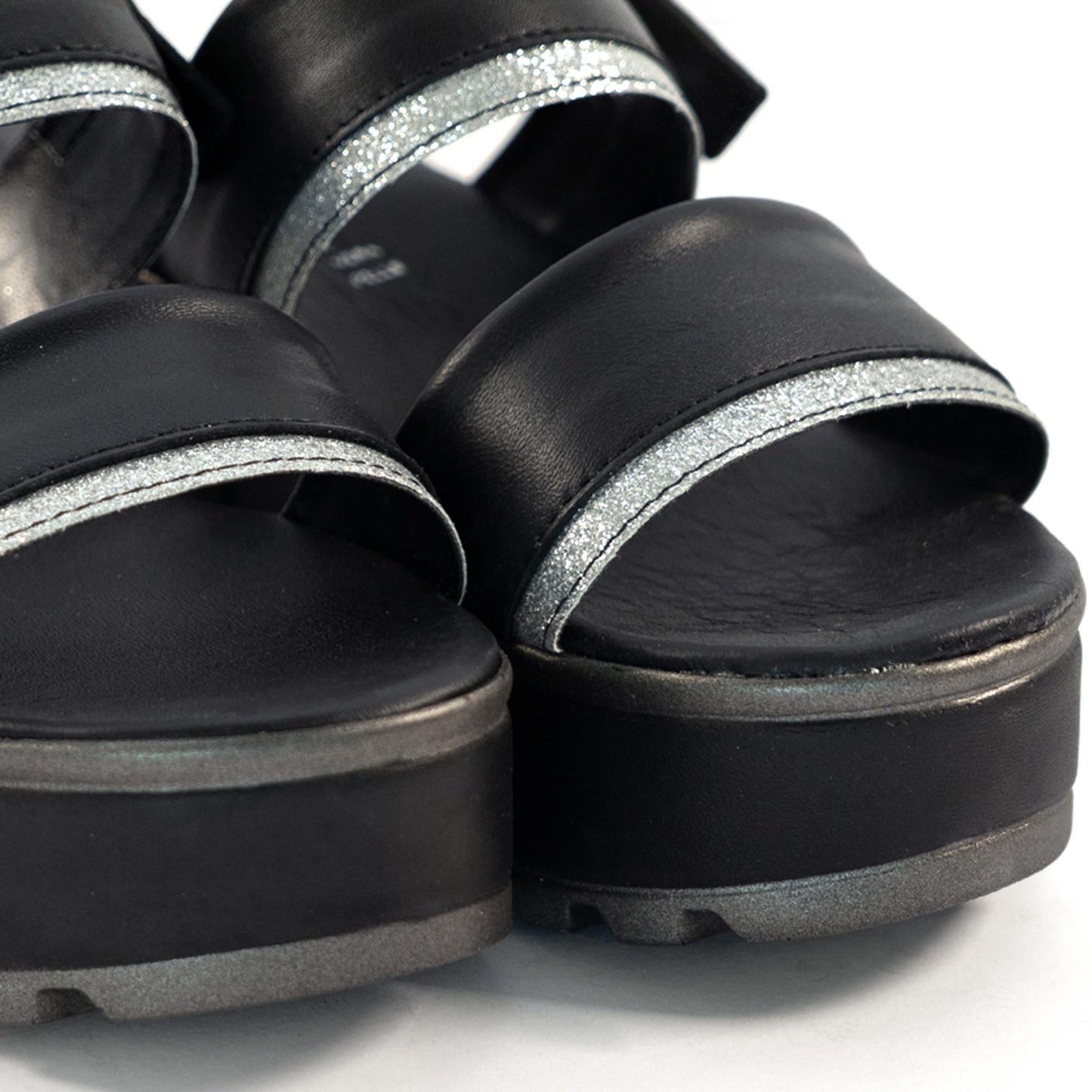 SANDALO DOPPIA FASCIA VERA PELLE SILVER NERO<BR/> 