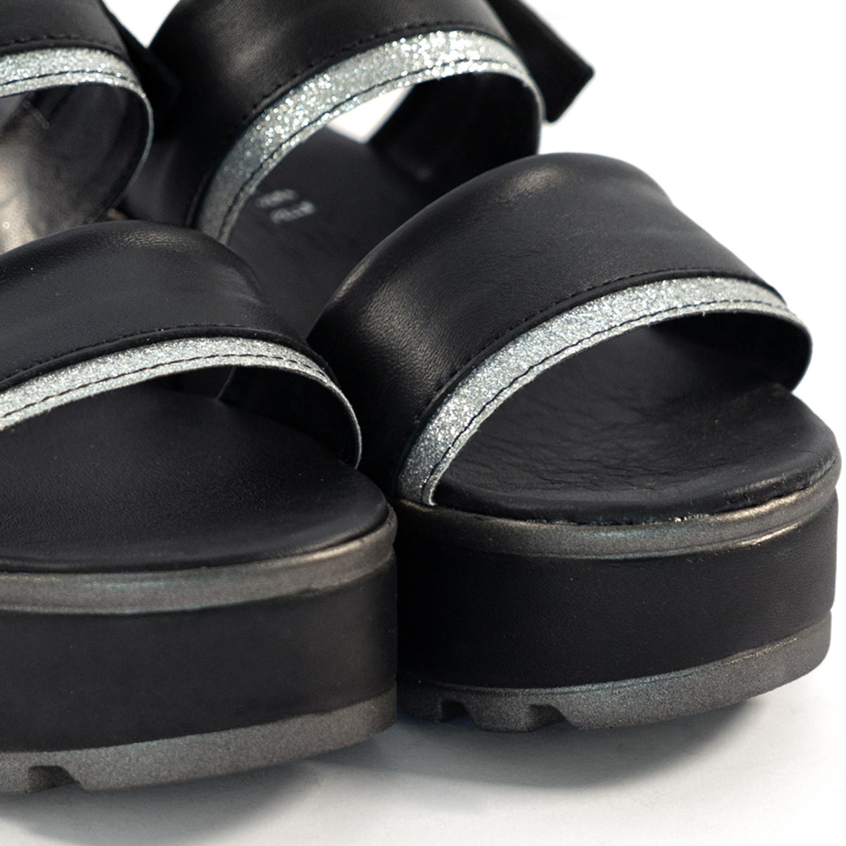 SANDALO DOPPIA FASCIA VERA PELLE SILVER NERO<BR/> 