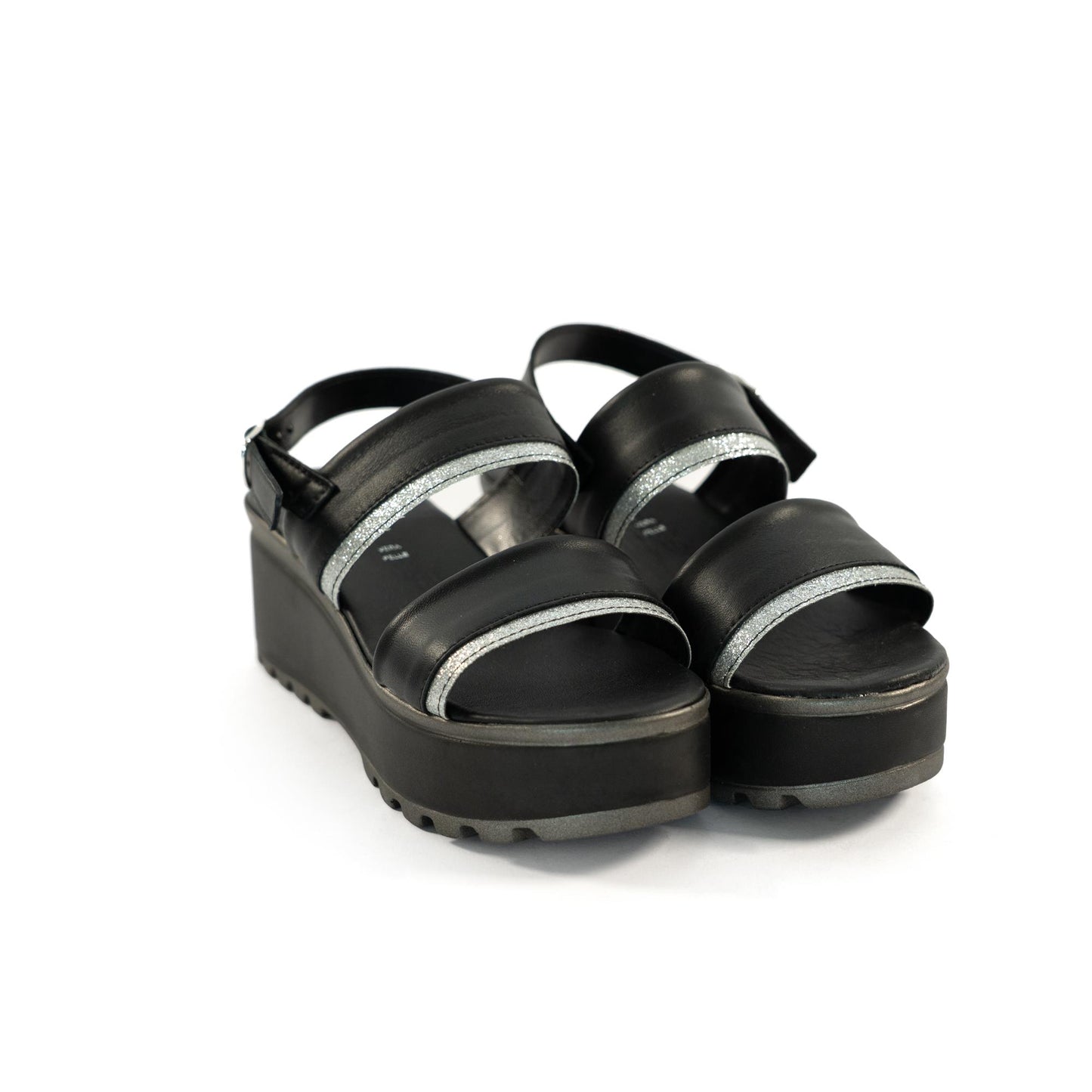 SANDALO DOPPIA FASCIA VERA PELLE SILVER NERO<BR/> 
