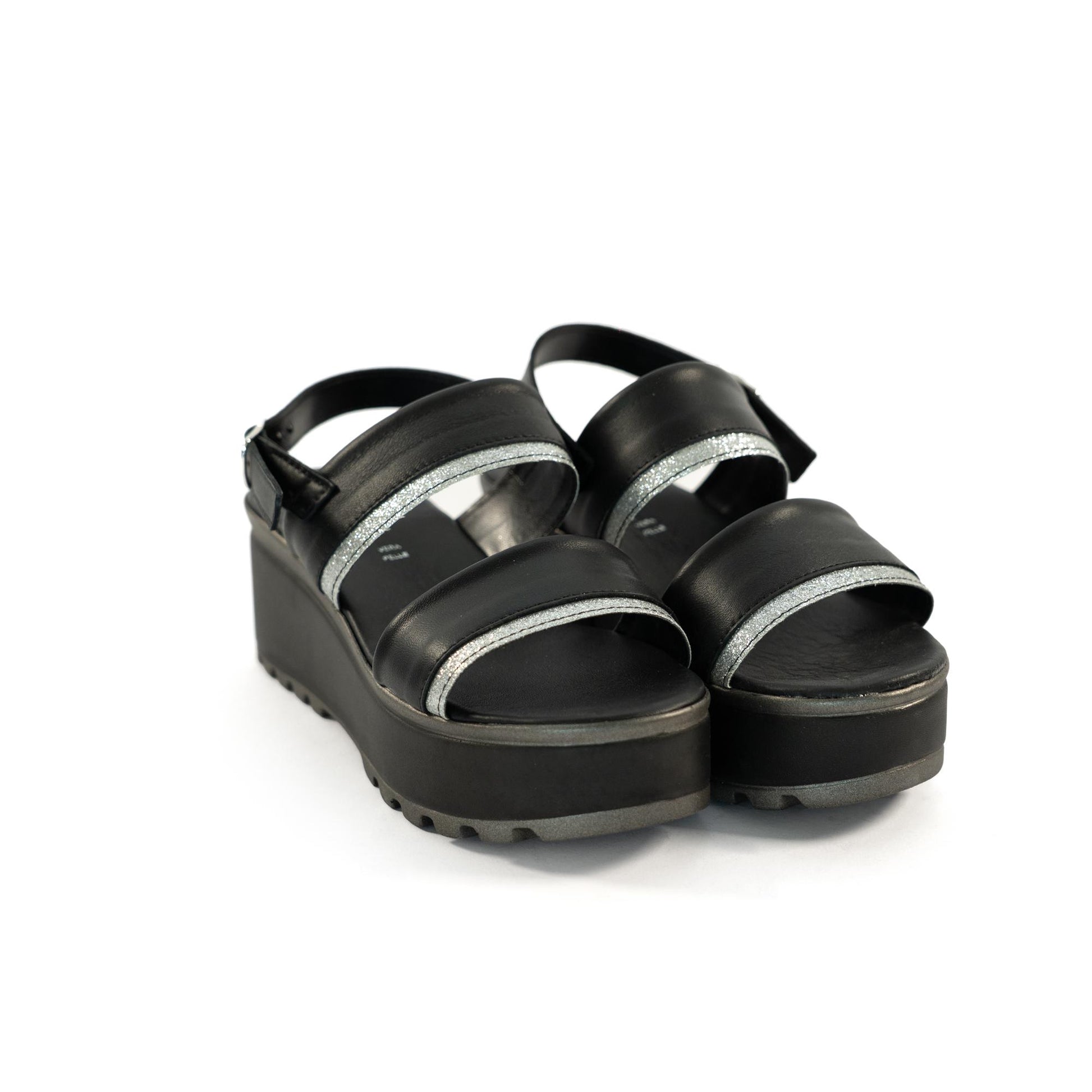 SANDALO DOPPIA FASCIA VERA PELLE SILVER NERO<BR/> 