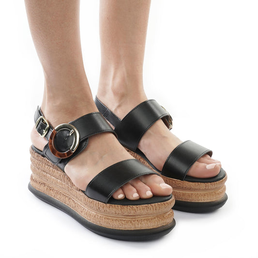 SANDALO PLATFORM DOPPIA FASCIA FIBBIA NERO<BR/> 