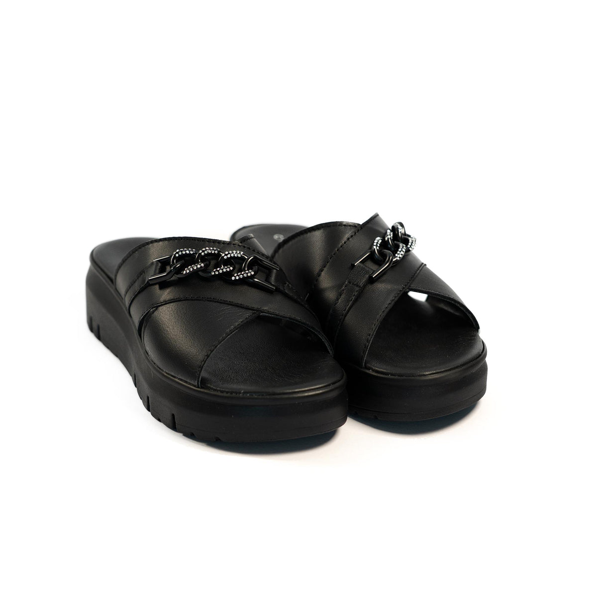 CIABATTA CATENA VERA PELLE NERO<BR/> 