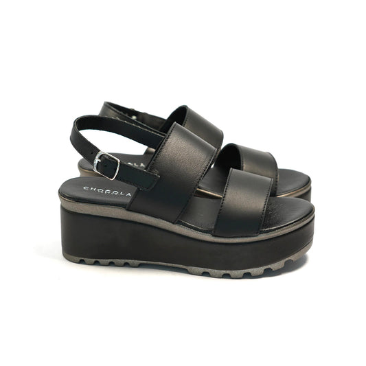 SANDALO DOPPIA FASCIA VERA PELLE NERO<BR/> 